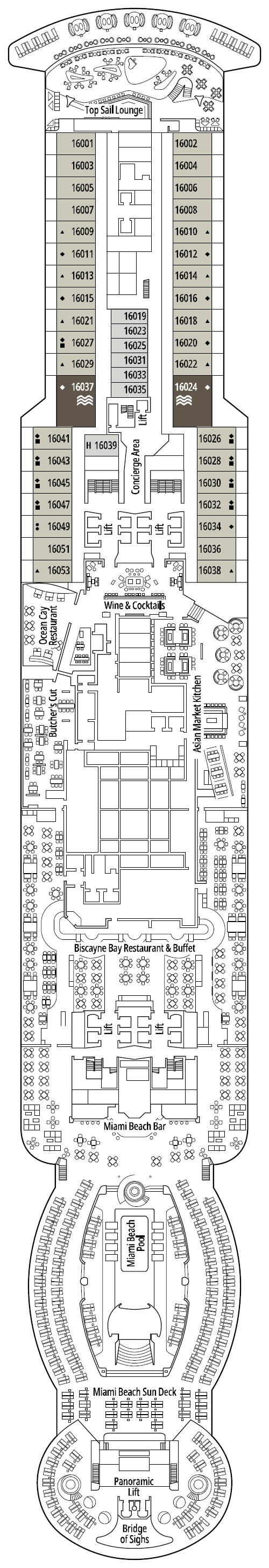Deck plan for Deck 16 - Miami Beach